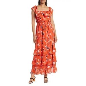 DR2 Floral Tiered Ruffle Maxi Dress Size Medium Orange Boho Beach Party Cute NEW
